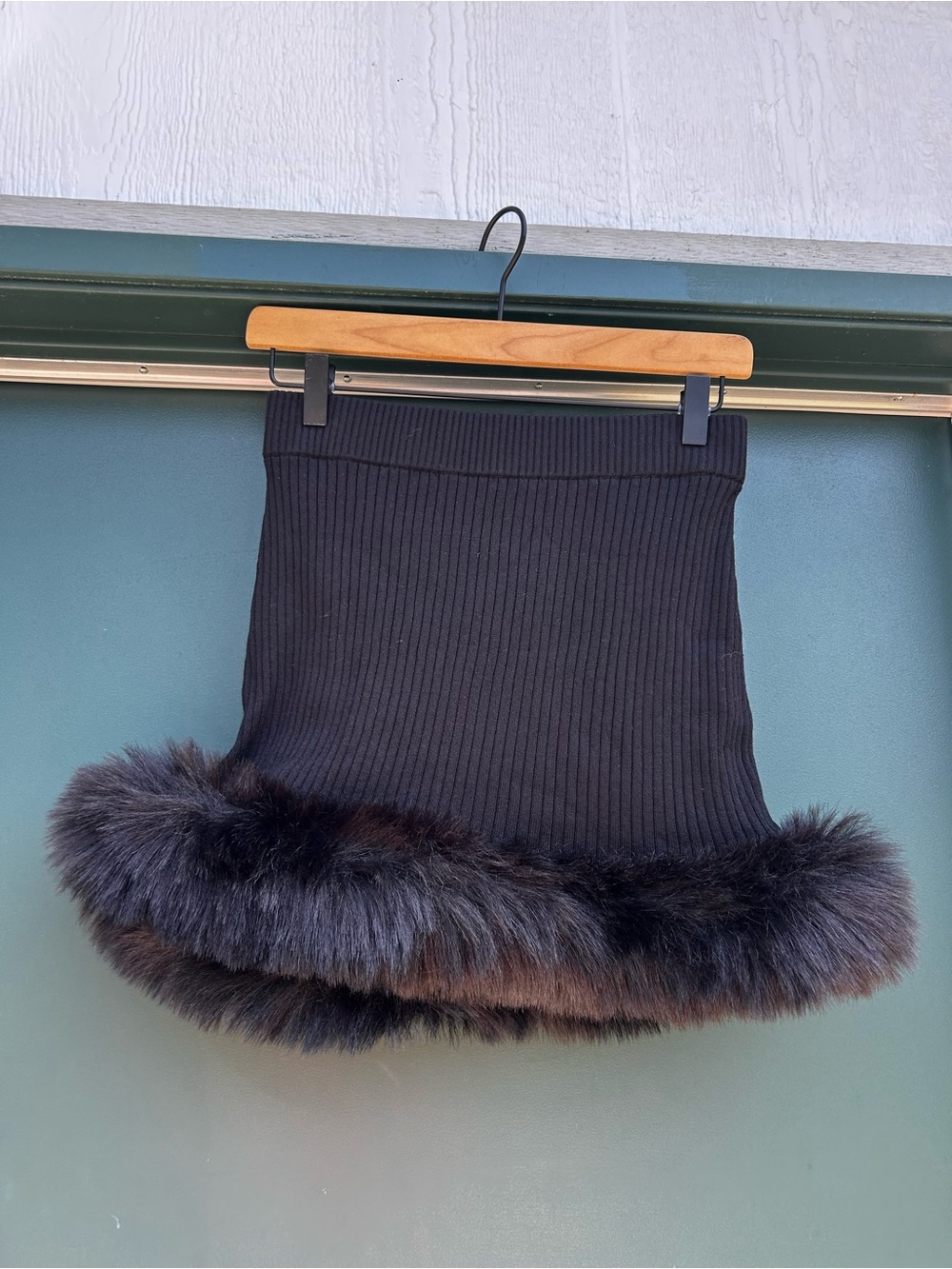 Show Me Your MuMu Black Ribbed Mini Skirt with Faux Fur Hem